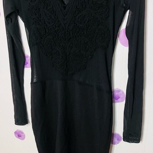 AKIRA | Black Mini Dress With Mesh Sleeves and Front Detail Mesh Back Size L - Picture 7 of 7